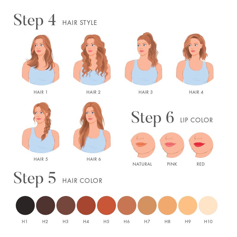 May include: A graphic illustrating hair styles, hair colors, and lip colors. The image is divided into sections labeled "Step 4 Hair Style", "Step 5 Hair Color", and "Step 6 Lip Color". The hair color section shows a range of brown and blonde shades.