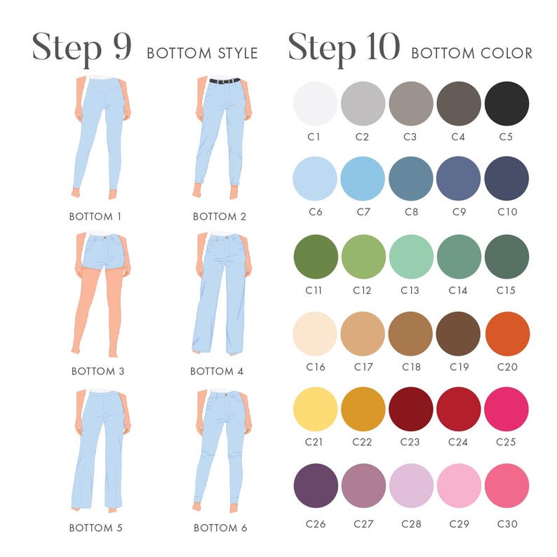 May include: An illustration showing six different styles of light blue jeans, labeled Bottom 1 through Bottom 6. Beside the jeans are 30 color swatches, labeled C1 through C30, representing bottom color options.