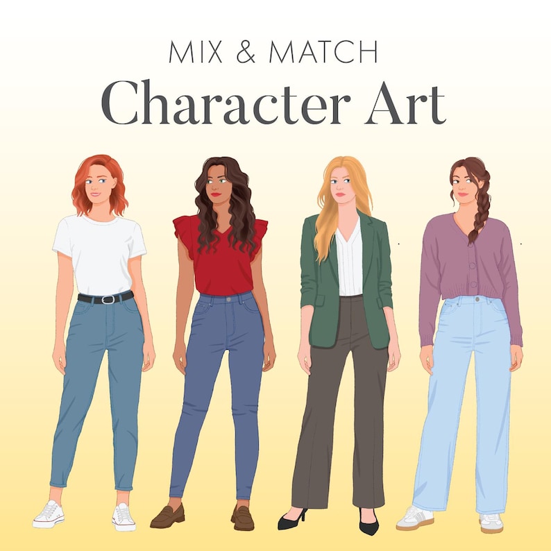 May include: Illustration featuring four figures in various outfits. The text "MIX & MATCH Character Art" is at the top. The figures are wearing jeans, shirts, blazers, and sweaters. The color palette includes red, white, green, purple, and blue.
