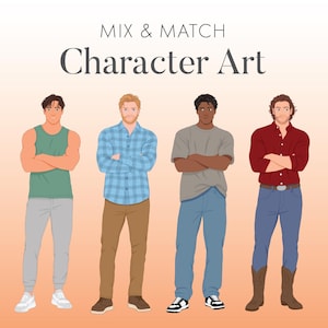 May include: Digital illustration titled MIX & MATCH Character Art featuring four diverse figures standing with arms crossed. Each figure wears different casual clothing including tank tops, plaid shirts, t-shirts, button-downs, jeans, and boots.