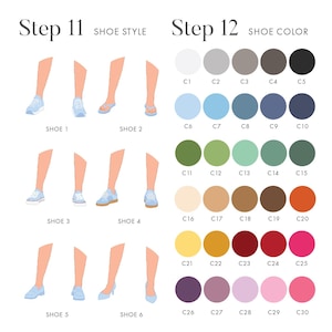 May include: An illustration showing shoe styles and color options. Step 11 displays six shoe styles, including sneakers and sandals. Step 12 presents a color palette with 30 color swatches, ranging from neutral tones to vibrant hues. The text reads "Step 11 SHOE STYLE" and "Step 12 SHOE COLOR."