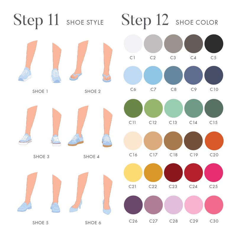 May include: An illustration showing shoe styles and color options. Step 11 displays six shoe styles, including sneakers and sandals. Step 12 presents a color palette with 30 color swatches, ranging from neutral tones to vibrant hues. The text reads "Step 11 SHOE STYLE" and "Step 12 SHOE COLOR."