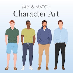 Könnte beinhalten: Illustration von vier männlichen Figuren in Freizeitkleidung. Sie tragen ein grünes Poloshirt und blaue Shorts, ein gelbes T-Shirt und marinefarbene Jogginghosen, einen blauen Pullover und khakifarbene Hosen sowie ein hellblaues Hemd und eine schwarze Hose. Der Text "MIX & MATCH Character Art" steht oben.