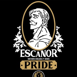 Puede incluir: Ilustración gráfica en negro y dorado de un personaje llamado Escanor de la serie de anime Los Siete Pecados Capitales. El personaje está representado en un estilo de retrato con un símbolo de león debajo. El texto "Pride" está escrito en una pancarta debajo del nombre del personaje.