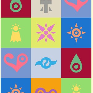 May include: A grid of nine colorful squares, each containing a different symbol. The symbols are: a green teardrop with a white circle inside, a gray cross, a pink heart with a white circle inside, a yellow badge with a sun and a white circle inside, a pink star with a white circle inside, an orange sun with a white circle inside, a pink heart with a white circle inside, a blue swirl with a white yin-yang symbol inside, a green teardrop with a white circle inside, an orange sun with a white circle inside, a purple figure eight with a white circle inside, and a yellow badge with a sun and a white circle inside.