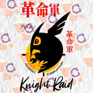 Puede incluir: Diseño gráfico con una figura negra con forma de búho con ojos rojos y un círculo amarillo, con las palabras "AGAINST CORRUPTION" y "Knight Raid". También hay texto japonés en rojo.