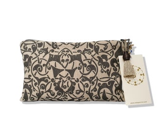 Pochette ethnique en coton imprimé beige et gris