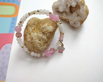Pink Cupcake Memory Wire Beaded Bracelet
