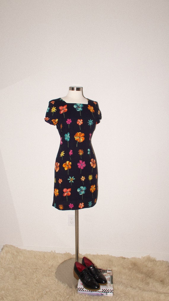 90's Mini Dress with Floral Pattern, Navy Dress, … - image 1