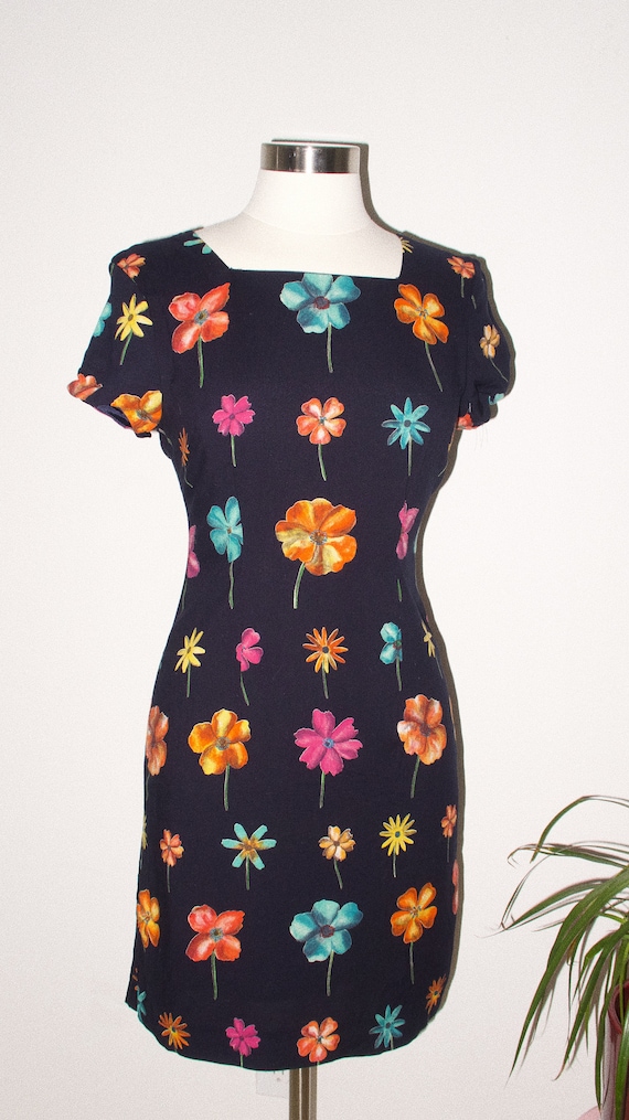 90's Mini Dress with Floral Pattern, Navy Dress, … - image 2