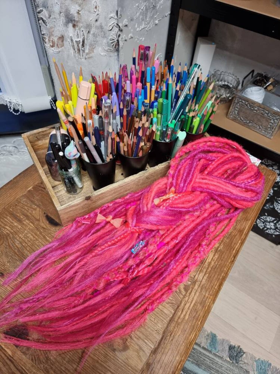 Full Set Dreads Extension Braids / Neon Pink / Decorated With Beads