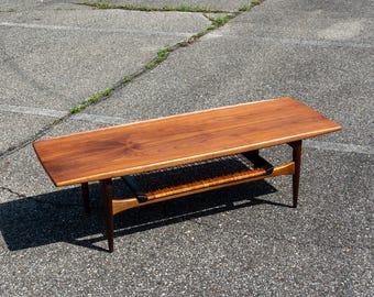 Danish Teak Coffee Table Knud Kristensen for Moreddi Denmark 1960s MCM Cane Shelf Scandinavian Modern