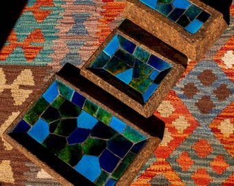 Jon Matin Glass Mosaic MCM Signed Cork Tray Set and Box - Georges Briard Style