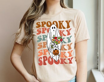 Maglietta con fantasma floreale di Halloween, zucca autunnale, dolcetto o scherzetto