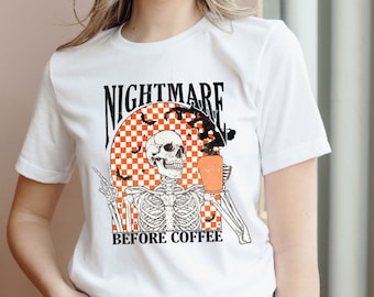 Chemise squelette cauchemar avant le café, t-shirt drôle d'Halloween
