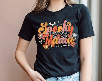 Gruseliges Mama Halloween T-Shirt, Retro Floral Kürbis Shirt