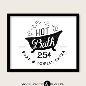 Arte del baño imprimible - Letrero de la casa de baño vintage estilo granja, bañera con patas, arte de baño de burbujas en blanco y negro para el baño