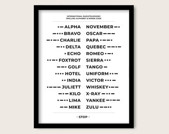 Alpha Bravo Charlie Alphabet mit Morsecode - Phonetisches Alphabet Poster, Luftfahrt Alphabet Poster, Militär Alphabet, Morse Code Druck