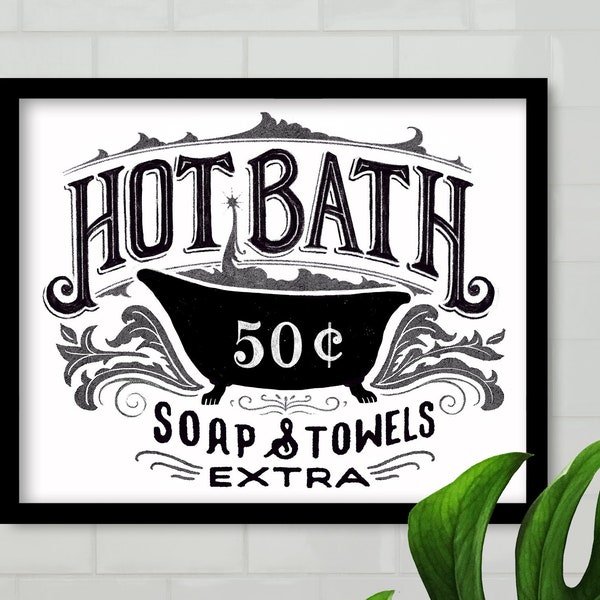 Farmhouse Vintage Printable Decor, Bath House Sign, Bathroom Art, Clawfoot Tub, Black & White Western Artwork for Washroom or Powder Room