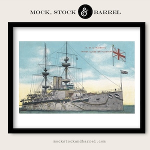 Vintage Battleship Printable Wall Art, HMS Majestic, 1907 British Canada Naval Ship Military Art, Canadian Navy Warship, Gift for Men