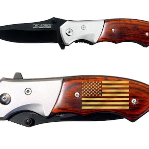 Custom Hunting Wood Folding Pocket Knife Personalized & Hand Filled US Flag