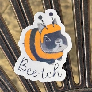 May include: A sticker of a gray rabbit wearing a yellow and black bee costume. The sticker has the text "Bee-tch" written below the rabbit.