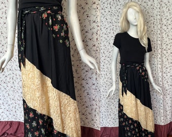 Vintage 70s Bias-Cut Swirl Black Calico & Crochet Lace Skirt by Joy Stevens California Size M