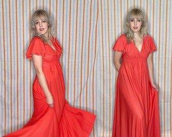 Vintage 70's Coral Red Flutter Sleeve Dress by Kim O'Hare of Miami