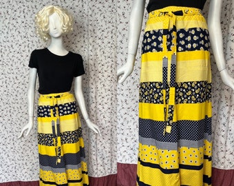 Vintage 70s Paisley Gingham Polka Dot Black & Yellow Stripe Wrap Skirt