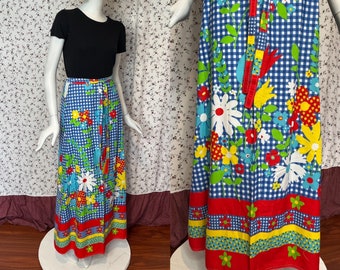 Vintage 70s Gingham Flower Picnic Print Wrap Skirt