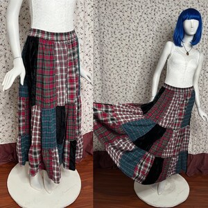 Vintage 90s Patchwork Plaid Velvet Flannel Grunge Skirt Large