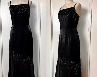 Vintage 1990's "Cache" Black Shimmer Sequin Embellished Mermaid Maxi Dress Medium