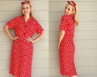 Vintage 60s Red Floral Print Sheath Dress Handmade Womens Medium