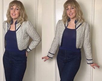 Vintage 1970's "Gunne Sax by Jessica McClintock" Blue Calico & Polka Dot Long Sleeve Cropped Jacket