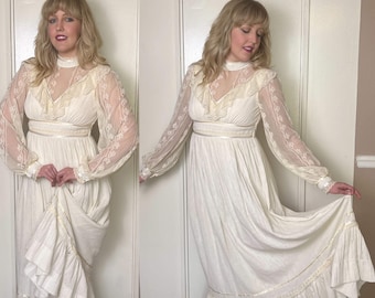 Vintage 1970's "Gunne Sax by Jessica McClintock" Off-White Cotton-Gauze Maxi Dress