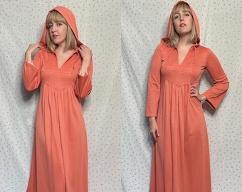 Vintage 1970’s Coral Orange Hooded Maxi Dress