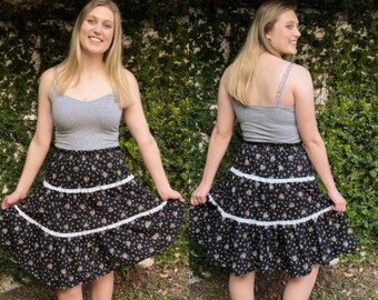 Vintage 70s Black Floral Prairie Midi Skirt