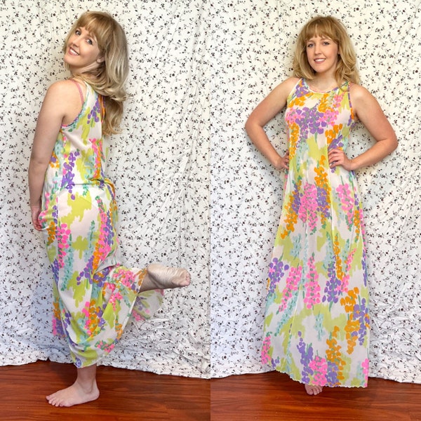 Vintage 60’s Green Multi-Color Floral Print Slip Dress Nightgown