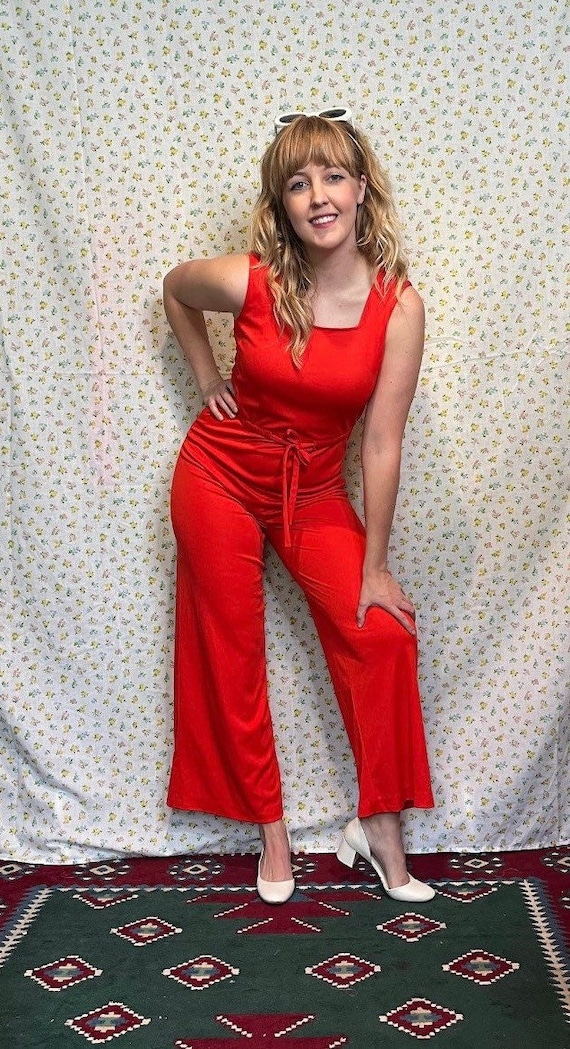 Vintage 70’s Red Orange Sleeveless Jumpsuit small - image 7