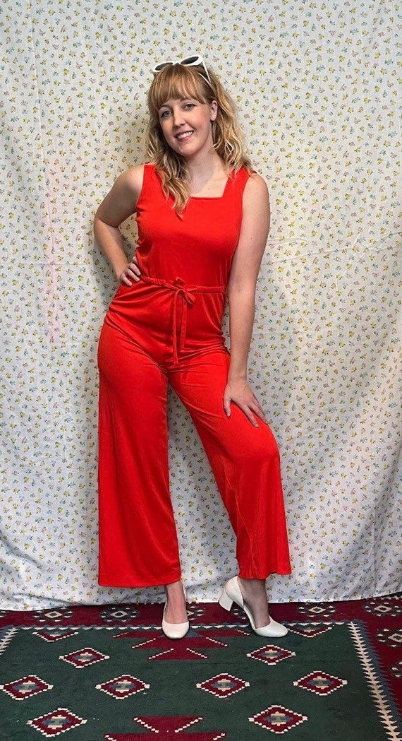 Vintage 70’s Red Orange Sleeveless Jumpsuit small - image 3