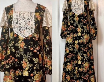 Vintage 1970’s Young Edwardian by Arpeja Black w/ Orange & Yellow Flowers Long Sleeve Maxi Dress with Long Balloon Sleeves