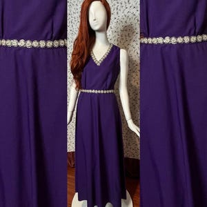 Vintage 70s Handmade Royal Purple Iridescent Sequin Sparkle Trim Sleeveless Maxi Dress Size M