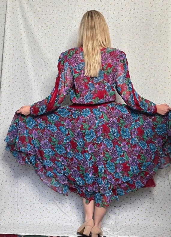 Vintage 80s Diane Freis Red + Purple Floral Midi … - image 2