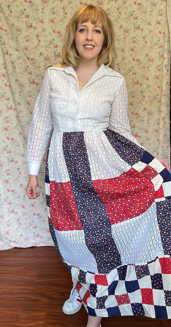 70s Vintage Red, White, and Blue Collared Calico … - image 5
