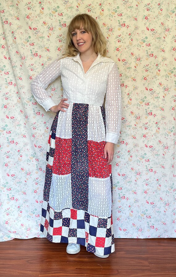 70s Vintage Red, White, and Blue Collared Calico … - image 4