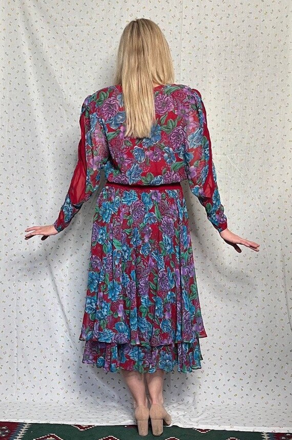 Vintage 80s Diane Freis Red + Purple Floral Midi … - image 3