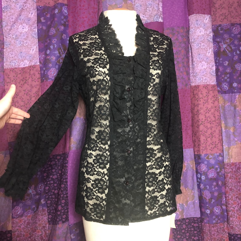 NWT Vintage 80/'s Cottagecore Black Lace Button-Up Blouse