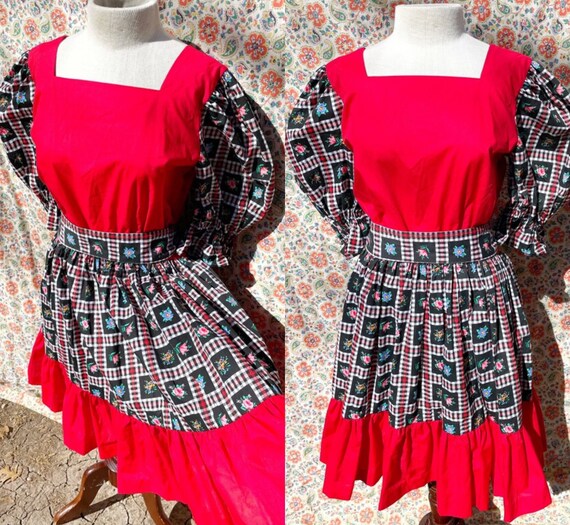 Vintage Handmade Gingham Floral Red Square Dance … - image 1