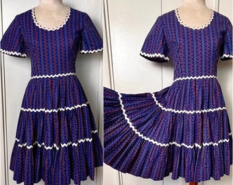Vintage 1980's Home-sewn Square Dancing Dress in Blue & Red Calico