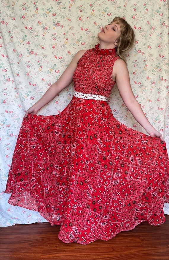 70s Vintage Red Bandana Maxi Dress by Nancy’s (Me… - image 3